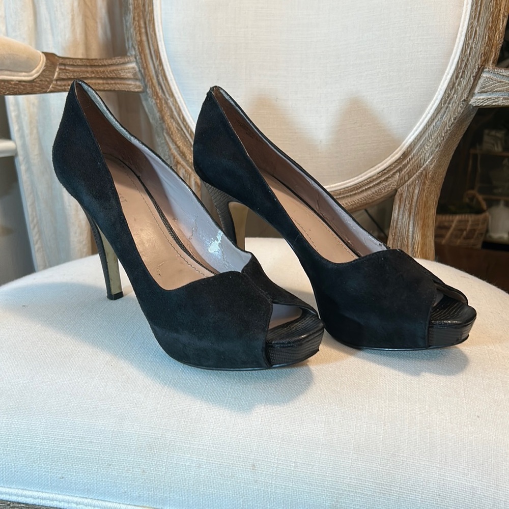 NINE WEST Black Suede Platform Peep toe Stiletto High Heel Pump Size 9.5